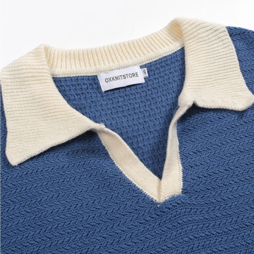 MEN'S BLUE KNITTED POLO OFF WHITE V-NECK, LARGE